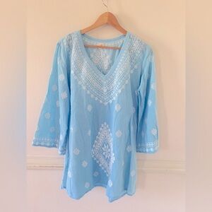 Surf Gypsy Coverup Tunic | Size Medium | 100% Cotton | Light Blue and White